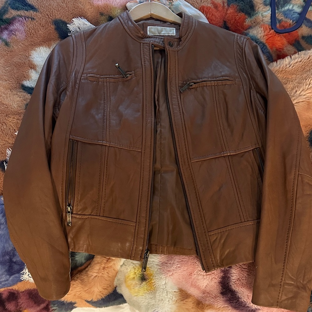 Michael Kors Tan brown Leather motto Jacket